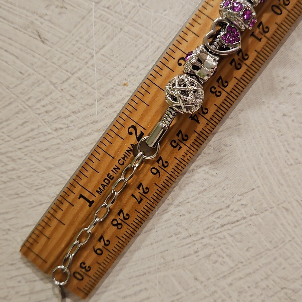 Birthstone bracelet silver tone with charms amethyst dark pink February October - Picture 4 of 10